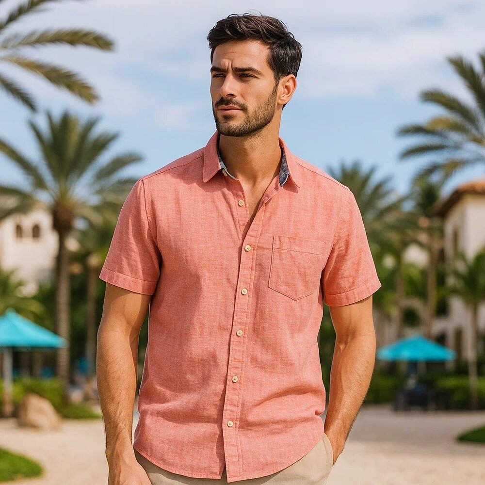 Nautica Linen Blend Men's Collared Button Up Hawaiian Style Vacation Shirt Large